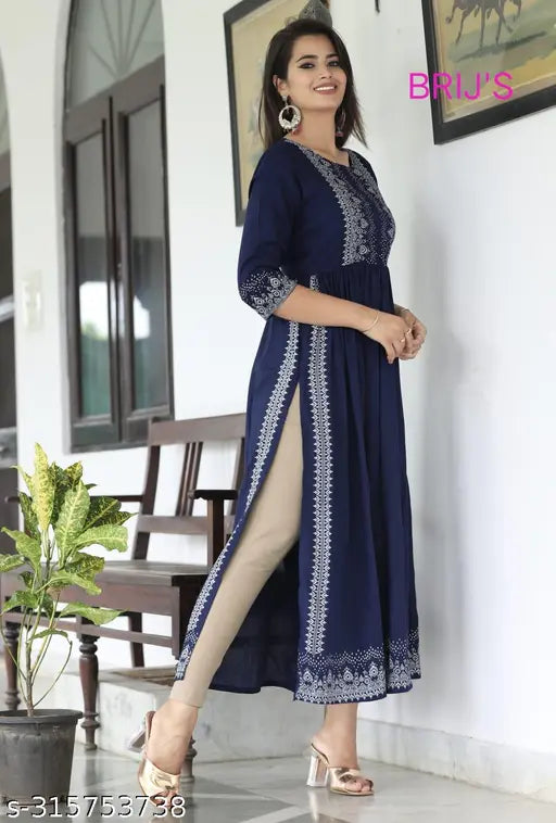 Rayon, printed Nyra Kurtis with 3/4 sleeves, Indian Sanganeri print. Ideal for women wearing with denim or leggings