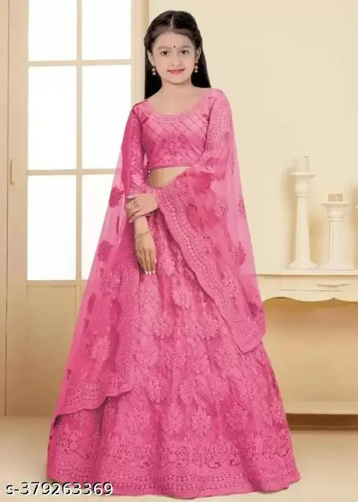 Embroidered net lehengha choli & dupatta set for girls aged 3-14 years, Indian traditional attire on display