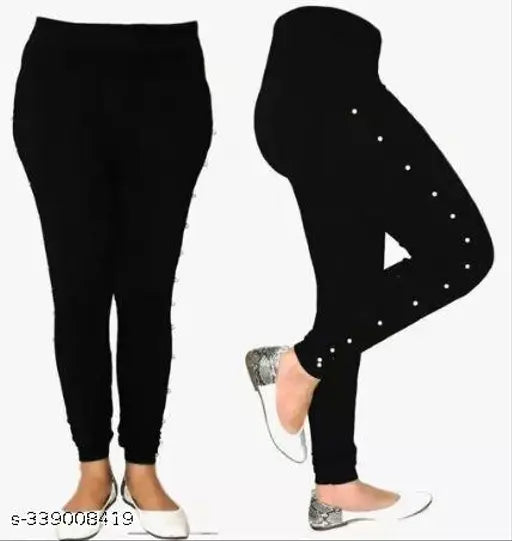 Stylish black cotton-linen jegging with light grey heart print, medium quality, targeted for low price segment, made in India (Size: 26/35in, 28/35in, 30/35in, 32/35in, S/36in, M/36in, L/36in)