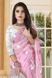 Chiffon saree with solid net blouse, silver embellished patti design from India