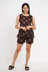Rayon printed net short night suit for women, sleeveless and stylish