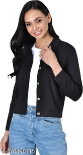 Denim three-quarter sleeve women's fashion jacket, solid net pattern, available in sizes S-XL from India