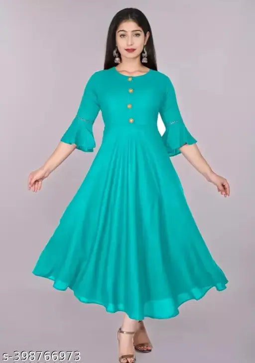 Rayon solid flared kurti for women, three-quarter sleeve fashion outfit from India