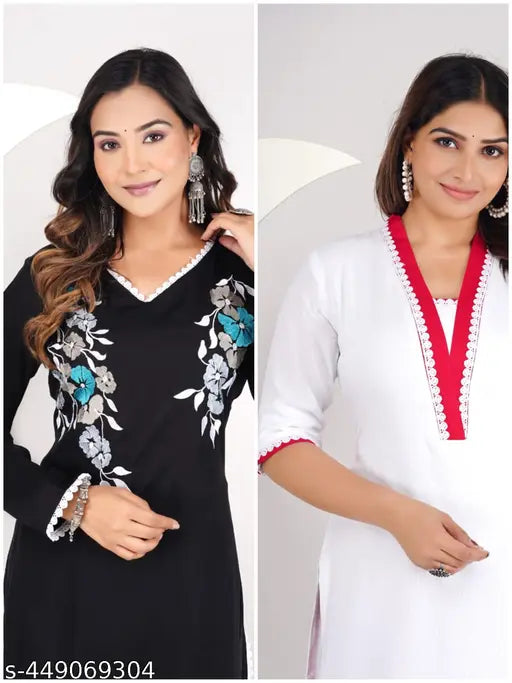 Stylish rayon kurta combo for women with embroidered net, three-quarter sleeves, palazzo bottoms. Set includes sizes S to XXXL from Indian brand NIBHERIYA