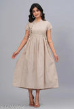 Beige striped cotton anarkali dress, short sleeves, mandarin collar for women, machine washable Indian fashion