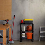 Black heavy duty iron rack with 3 shelves and 360 wheels, perfect for spacious kitchen storage and easy mobility