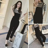 Women's black & white cotton blend jumpsuit with tee, solid pattern, three-quarter sleeves - Indian fashion for women