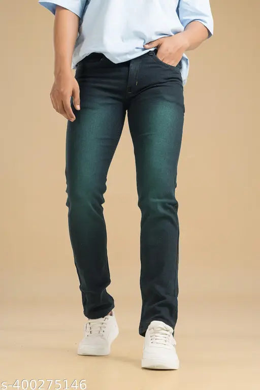 Green denim men's jeans, stretchable and comfortable with greenish black color. Affordable, expertly crafted in India, size 30 (waist 31in, length 40in)