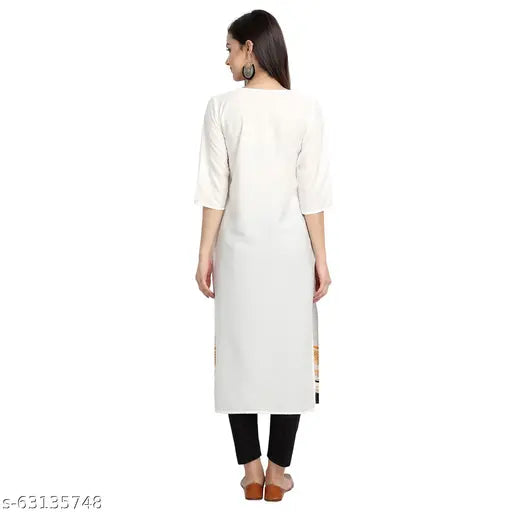 Stylish multi-colored digital printed crepe straight kurti with three-quarter sleeves, available in sizes S-4XL. Made from 100% American crepe fabric