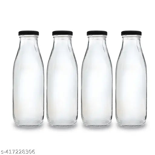 Clear glass Elite water bottles, pack of 4 for fridge storage, leak-proof and suitable for all types of liquids