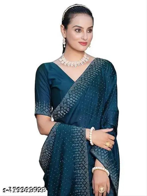 Golden Georgette Silk Saree with Unstitched Running Blouse, adorned with Swarovski crystals