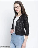 Classic black net women's shrug, self-designed, three-quarter sleeves, enhances wardrobe elegance