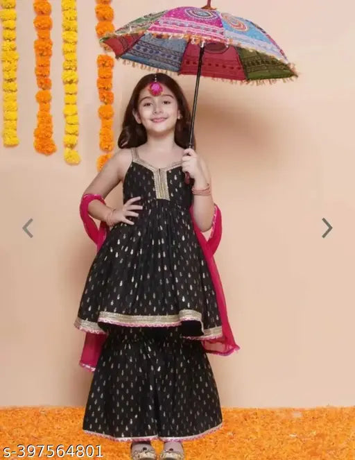 Black rayon anarkali sharara for kids party wear, woven design without sleeves in sizes 5-6 years, 7-8 years, 9-10 years, 11-12 years
