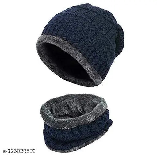 Warm woolen beanie cap and muffler scarf set in solid design, perfect for men and women in 20-degree temperatures. Snow-proof and ultra soft, made from acrylic, fur, and wool