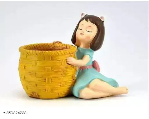 Orange blue Morater basket girl set of 2 for decorative items. Premium resin planters with drainage holes, ideal for succulents, flowers, or cacti. Perfect home or office decor accessory. Hand-painted and lightweight, great for gift supplies. Made in India