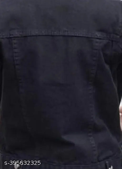 Women's black cotton blend denim jacket with long sleeves, solid pattern. Size XL (bust 40in, length 21in), XXXL (bust 46in, length 23in), 4XL (bust 48in, length 24in). Made in India