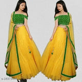Yellow net embroidered lehenga choli set with matching dupatta, traditional bridal wear for Indian weddings or festive events