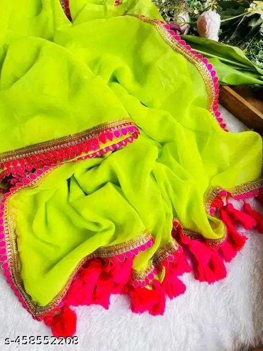 Georgette saree with lace border, printed design on Bangalore silk blouse. New collection women's saree from India, free size (5.5m x 0.8m)