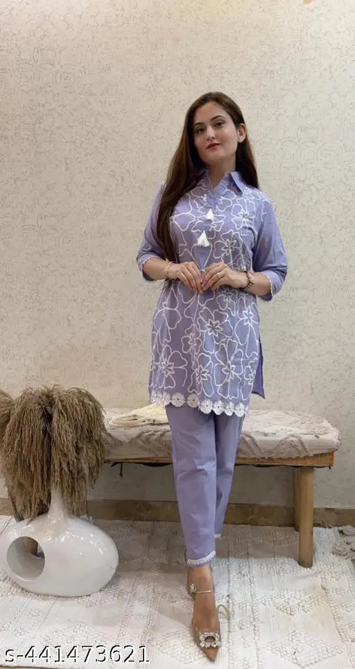 Ashnaina Women's Cotton Co-ord Set, three-quarter sleeves, embroidery work on color Parpal, Indian handcrafted clothing set