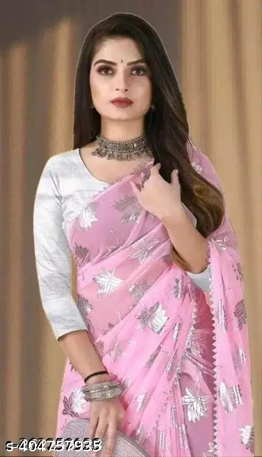 Pura Gerogete pink saree with silver flower print, free size, Indian-made traditional attire