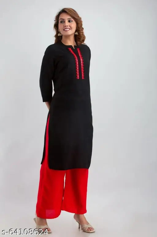 Black rayon kurta with red printed net palazzo, Indian traditional fashion for women, three-quarter sleeves set