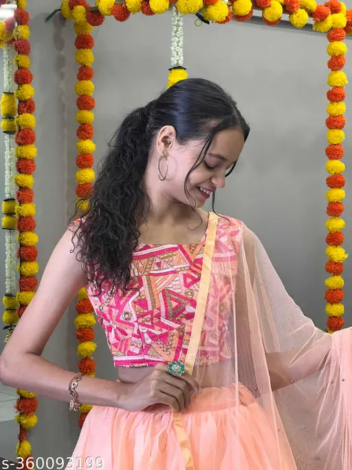 Embroidered art silk ruffule lehenga choli with net dupatta, semi-stitched (waist 40m, length 42m, dupatta 2.2m), lace details, India origin