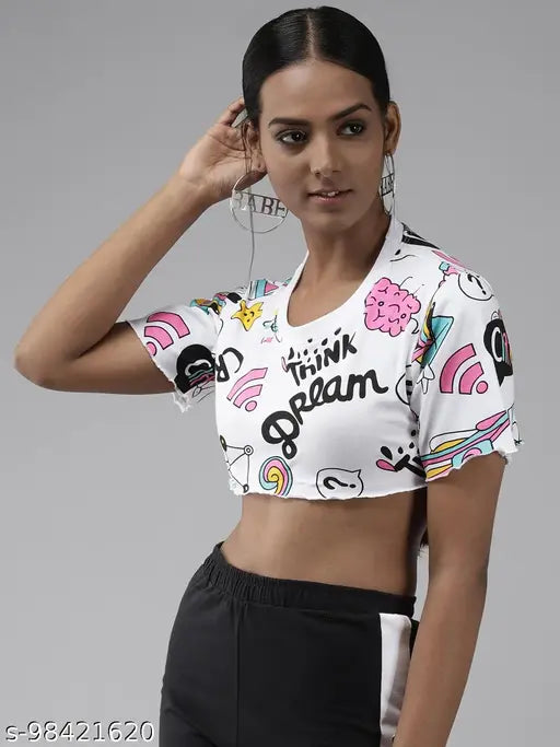 White cotton blend typography t-shirt for women by The Dry State, printed pattern on round neck