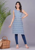 Stylish printed rayon straight kurta in sleeveless design with 3/4 sleeve, Indian ethnic fashion for women