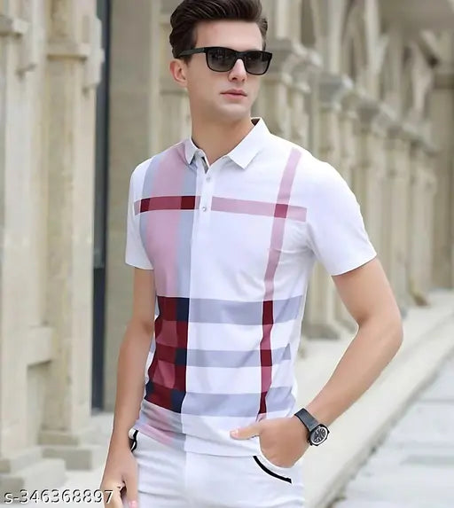 Cotton blend half sleeve printed polo neck T-shirt for men, available in 4 colors: Black, Green, Maroon, Navy Blue. Ideal for Diwali, Holi, or Raksha Bandhan. Comfortable and stylish. Made in India