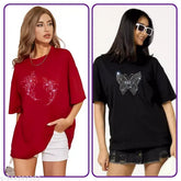 Pure cotton oversized T-shirts with sparkling rhinestones, glitters, sequins. Perfect for party, disc, clubs, festivals. Combo of 2 - red & black, loose-long, baggy fit, drop shoulder. Ideal for summer, lightweight fabric, round neck, half sleeves