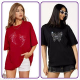 Pure cotton oversized T-shirts with sparkling rhinestones, glitters, sequins. Perfect for party, disc, clubs, festivals. Combo of 2 - red & black, loose-long, baggy fit, drop shoulder. Ideal for summer, lightweight fabric, round neck, half sleeves