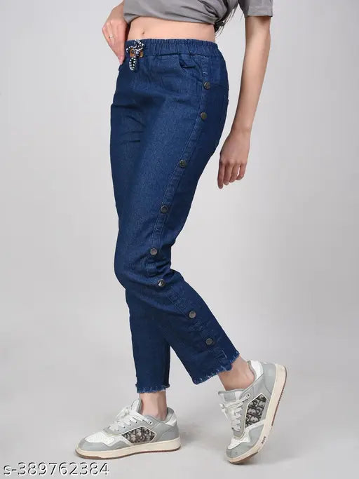 High-waisted stretchable denim joggers, dark blue, women's size 40/42/44/46. Indian-made denim with anti-shrink fabric and easy carry