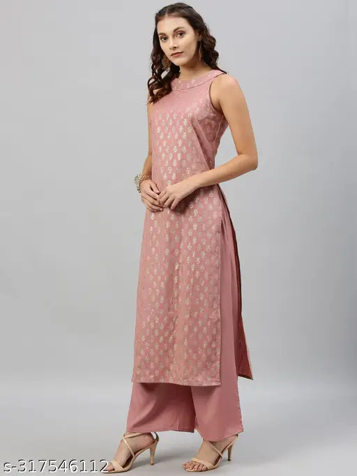 Pink cotton sleeveless kurta plazzo set, festive party wear with zari woven net pattern, women's stylish queen design, single size available in XS-XL