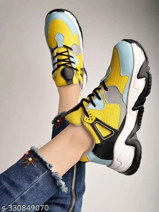 Stylish yellow mesh and PU casual sports sneakers for girls, colorblocked design, lace-up fastening