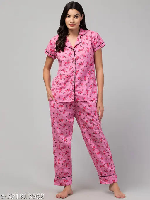 Printed cotton women's nightsuit with short sleeves, featuring a vibrant pattern on soft cotton pyjamas, available in sizes S-XXL. Made in India