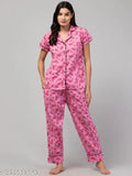 Printed cotton women's nightsuit with short sleeves, featuring a vibrant pattern on soft cotton pyjamas, available in sizes S-XXL. Made in India