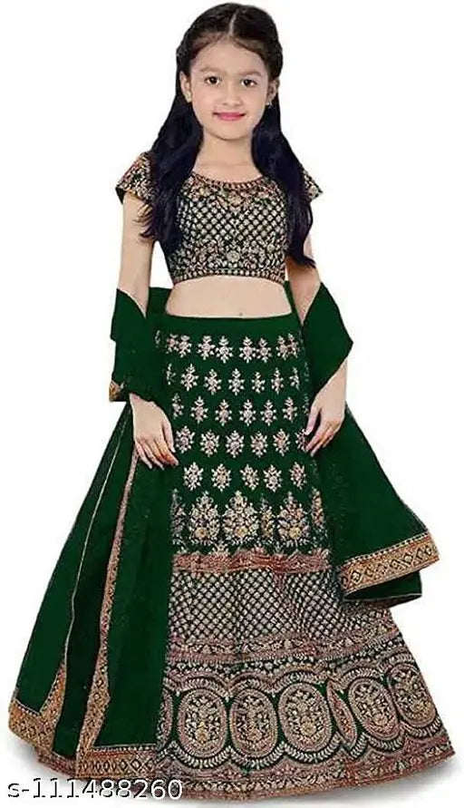 Kids satin lengha choli set, semi-stitched, embroidered, tafetta silk, high-quality embroidery, 4-16 years, India