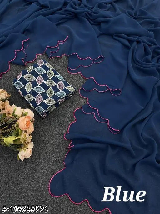 Party wear Petrol Georgette Bollywood Saree, solid pattern jacquard net on mannequin