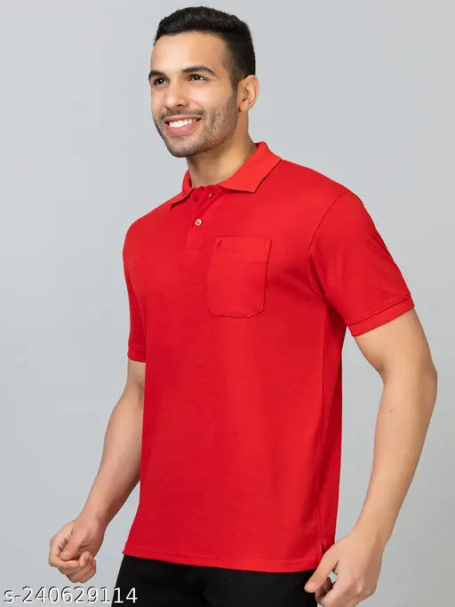 Red cotton blend polo t-shirt for men, advanced technology for odor control and moisture management, short sleeves, regular fit for comfortable mobility, reflective logos for visibility. Made in India