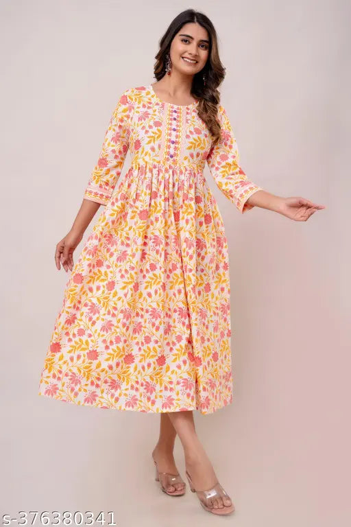 White-Yellow Printed Cotton Anarkali Kurta for Women, 3/4 Sleeve, Calf Length. Tasteful printed pattern on soft, comfortable cotton fabric. Ideal for daily, party, casual, and office wear. Available in multiple sizes: S (Bust 36", Size Length 48")