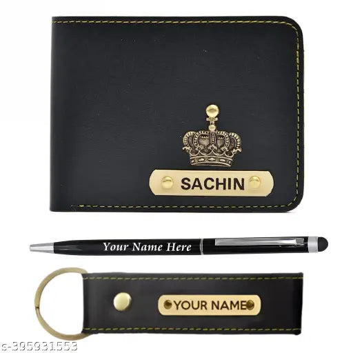 Personalized faux leather men's wallet and pen/keychain combo set (black), customizable with name and charm. Functionally designed, laser engraved for quality. Suitable for gifts, made in India