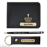 Personalized faux leather men's wallet and pen/keychain combo set (black), customizable with name and charm. Functionally designed, laser engraved for quality. Suitable for gifts, made in India