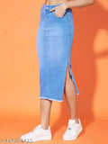 Denim-washed cotton blend skirt with long side slit and stretchability, solid color, available in sizes 24, 26, 28, 30, 32, and 34 (India)