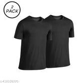 Black polyester solid round neck t-shirts for men (pack of 2), size M (38 in chest, 26.5 in length) & L (40 in chest, 27.5 in length)