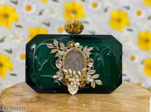 Resin crystal stone clutch, embellished net pattern, free size, gold resin knob, magnetic closure, trendy party wear, women's sling bag