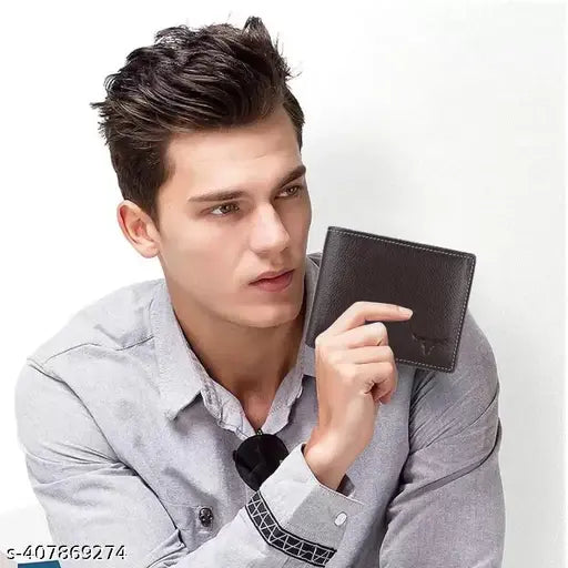Brown top grain leather men's wallet with 2 cash compartments, 4 card slots, hidden pockets, and coin pocket. Features RFID blocking security and comes gift-boxed. Perfect for Diwali, Christmas, or any special occasion