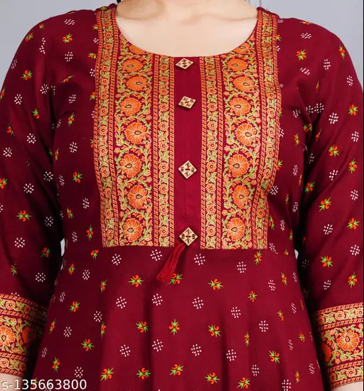 Three-quarter sleeve printed rayon kurti, intricate Indian design in vibrant colors