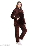 Wool hooded nightsuit set, soft and breathable, winter casual wear for girls & women (solid pattern)