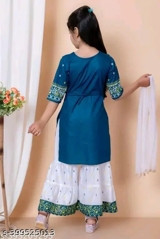 Kids' girls printed rayon Nayra set, embroidered sharpara top with dupatta, Indian traditional wear for 2-3 or 3-4 years