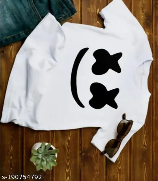 Men's white printed T-shirt, polyester, short sleeves, versatile fashion for all. Graphic printed, round neck, comfortable wear, ideal for daily flair, wide range available including tank tops for men and women. Made in India